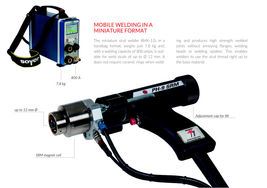 www.srm-technology.eu - The miniature stud welder BMK-12i weighs just 7.8 kg and is suitable for weld studs of up to Ø 12 mm